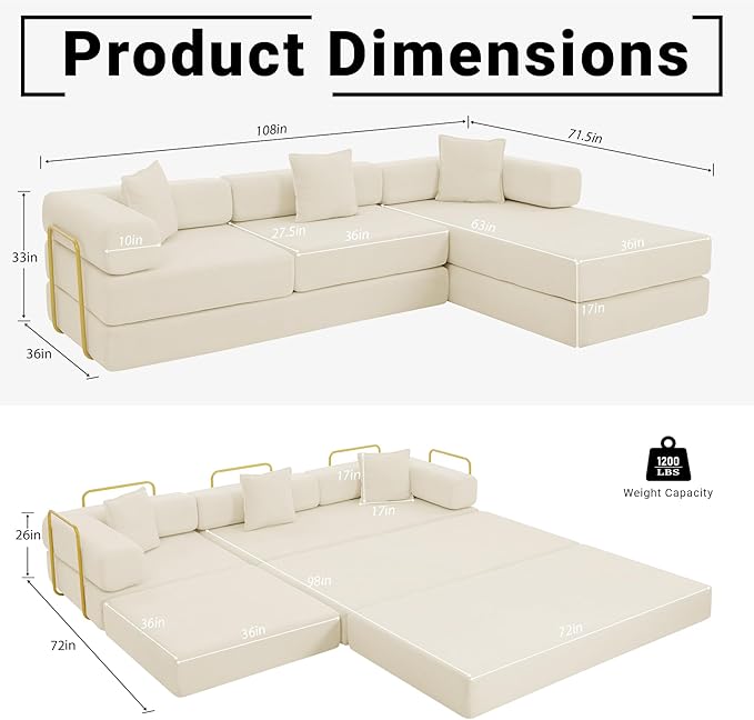 108" Oversized Convertible Sleeper Sofa Bed, Corduroy L Shape Sectional Couch, Folding Sofa Bed with Side Pocket, Modern Cloud Floor Mattress Couch, Modular Sofa for Living Room, Beige