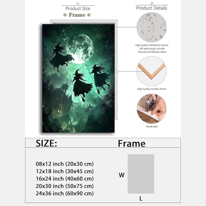 Flying Three Witches Halloween Canvas Wall Painting,Witches on Broom Under Full Moon Castle Victorian Decoration Haunted House Retro Poster for Living Room Bedroom Gallery,8"x12" Framed