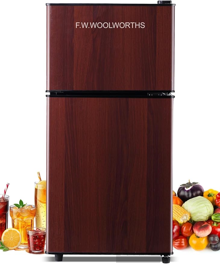 3.5 Cu.Ft Mini Fridge with Freezer, Compact Refrigerator with 2 Doors for Office, Kitchen, Dorm and Bedroom, Small Fridge with 7 Level Temp Adjustable Thermostat, Wood