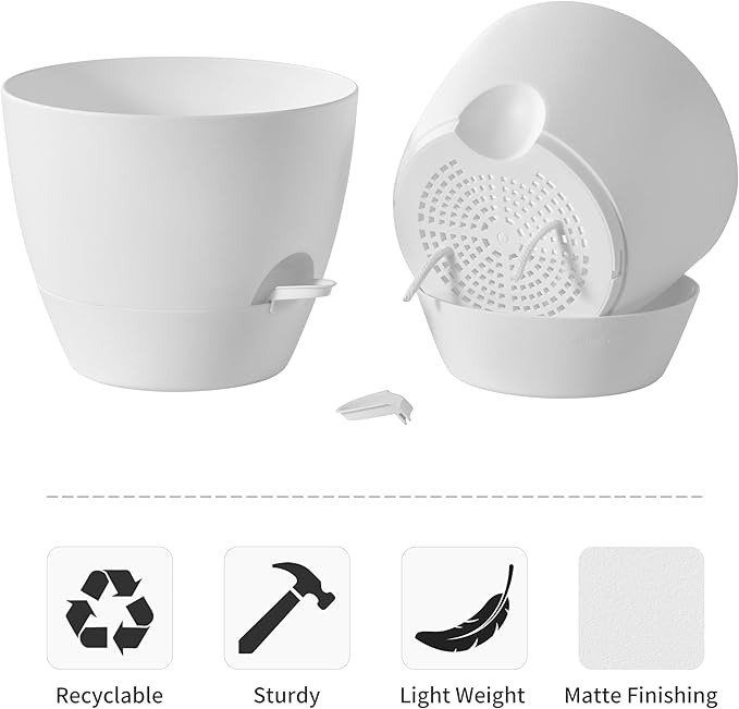 FaithLand 3-Pack Planter Pots, 10 9 8 Inch Self Watering Flower Pots for Indoor Outdoor Garden Plants, White