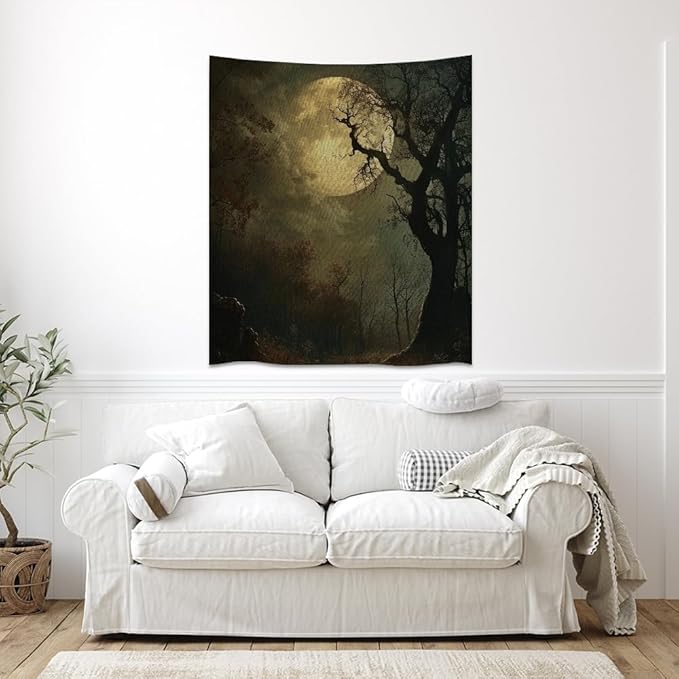 Moon Tapestry Halloween wall Decor Vintage Dark Academia Bedroom Tapestries Retro Art Aesthetic Wall Tapestry for Bedroom Dorm Living Room white