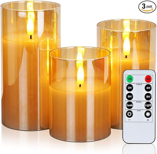 Amagic Gold Glass Flameless Candles Battery Operated with Timer, Remote Control, Flickering LED Fake Pillar Candles for Fall Decoration, Christmas Thanksgiving Decor, Amber, Set of 3
