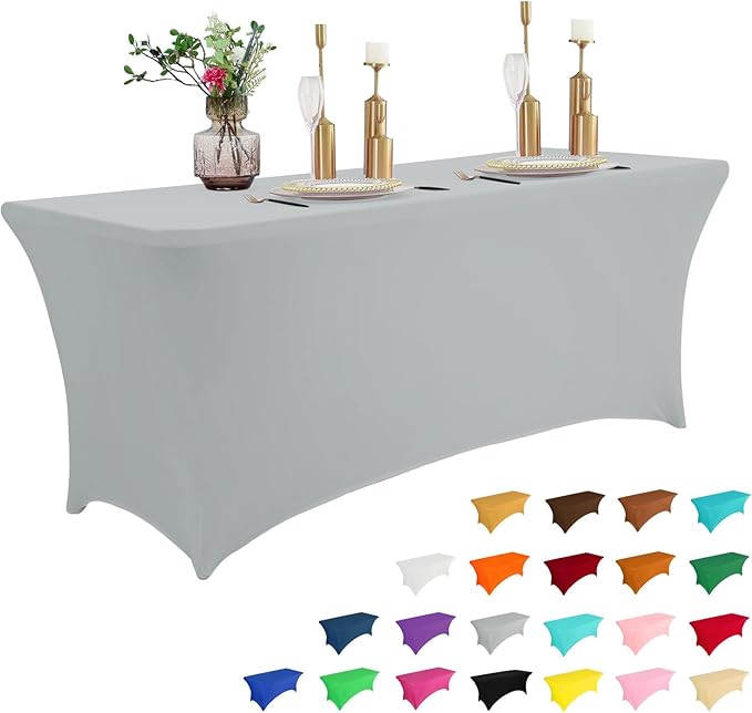 IVAPUPU 6FT Table Cloth for Rectangular Fitted Events Stretch Grey Table Covers Washable Cover Spandex Tablecloth Protector for Party, Wedding, Cocktail, Banquet, Festival