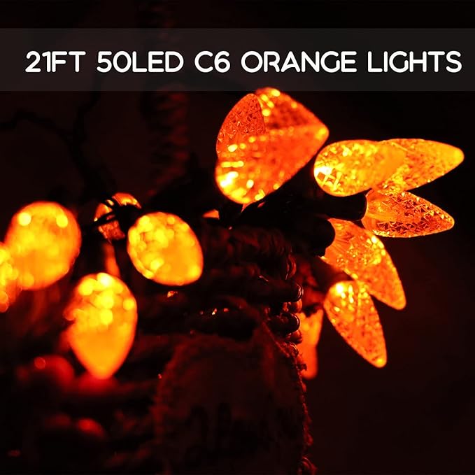 HUGSVIK 21Ft 50LED C6 Orange Lights for Halloween, 8 Mode Solar Halloween Lights Outdoor, Waterproof Solar Christmas Decorations for Halloween Thanksgiving Holiday Christmas Decor