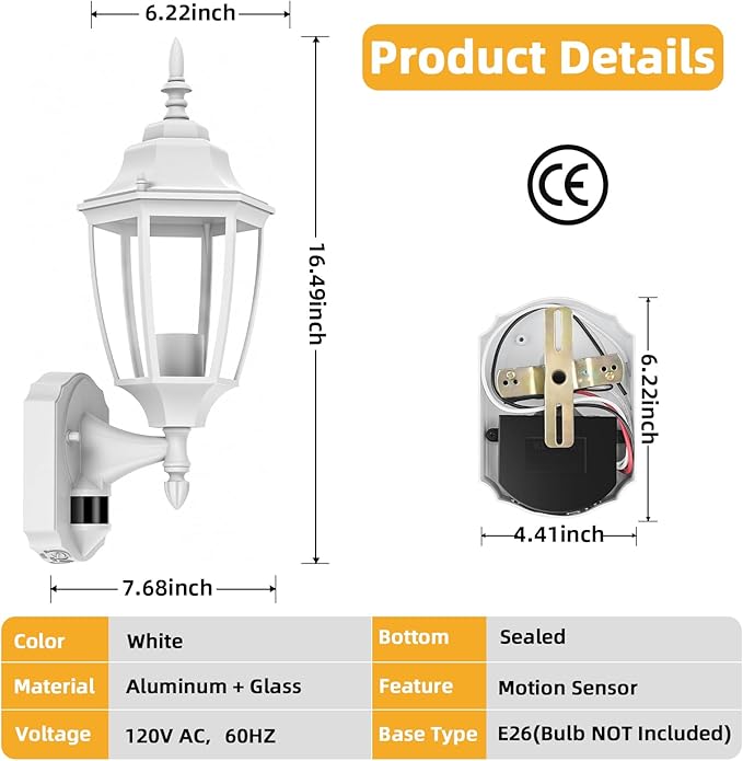 Lamomo Outdoor Wall Sconce, 2 Pack Dusk to Dawn Motion Sensor Light Fixtures, Exterior Aluminum Waterproof Porch Lights for Patio Front Door Garage- White