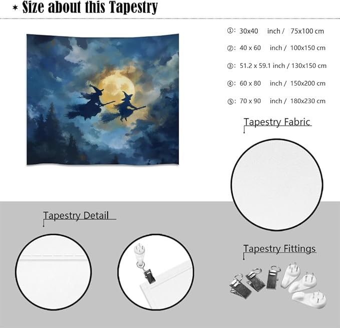 Spooky Halloween Witch Tapestry Wall Hanging Dark Fantasy Night Sky Aesthetic Print Flying Witches Under Full Moon Tapestries Horror Ghost Halloween Party Decor for Living Room Bedroom 60x80inch