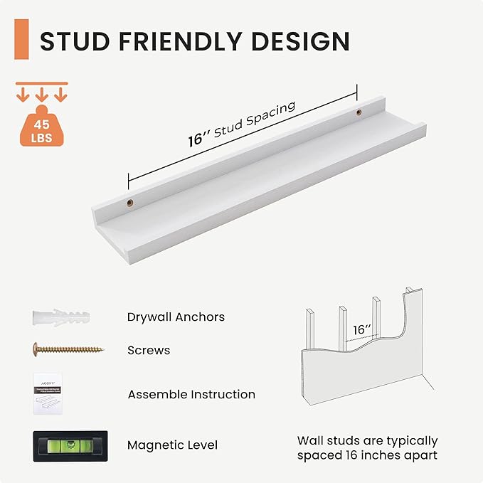 Solid Ash Wood Picture Ledge Shelf, 24 Inch Floating Shelves with Lip Set of 2, Photo Ledge Shelf Nursery Bookshelf Wall Mounted for Living Room Bedroom Decor, White