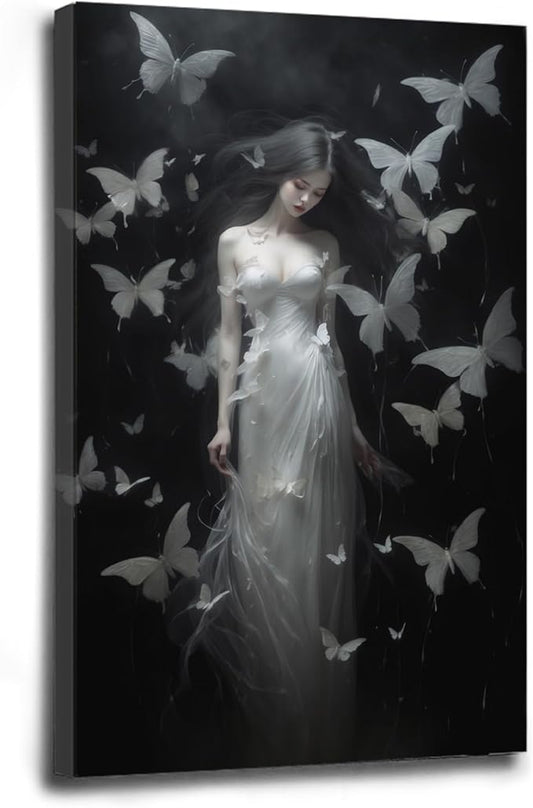 Vintage Gothic Feminine Canvas Wall Art Print Butterfly Poster Moody Female Wall Art Retro Artwork Dark College Decor for Home Bedroom16x24in Wood Framed