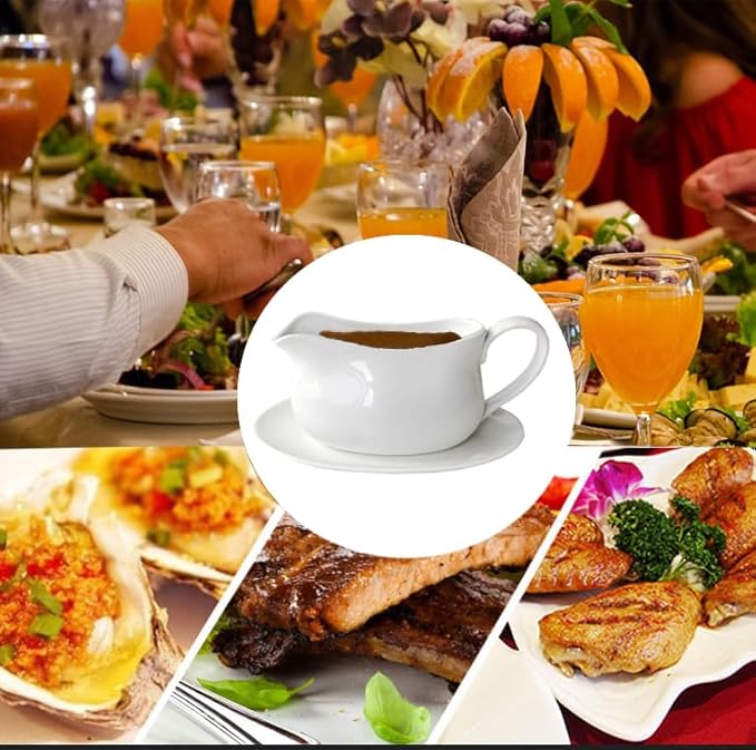 17oz Gravy Boat with Saucer Stand, Set of 1, Ceramic Sauce Boat with Tray for Salad Dressings,ketchup， Creamer, Broth, Black Pepper, White