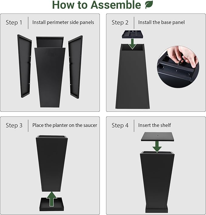 Tall Metal Planter 26" H - 2 Pack, Tall Planters with Removable Insert Shelve & Saucer Trays, Metal Outdoor Planters for Porch, Garden, Patio, Yard(Black)