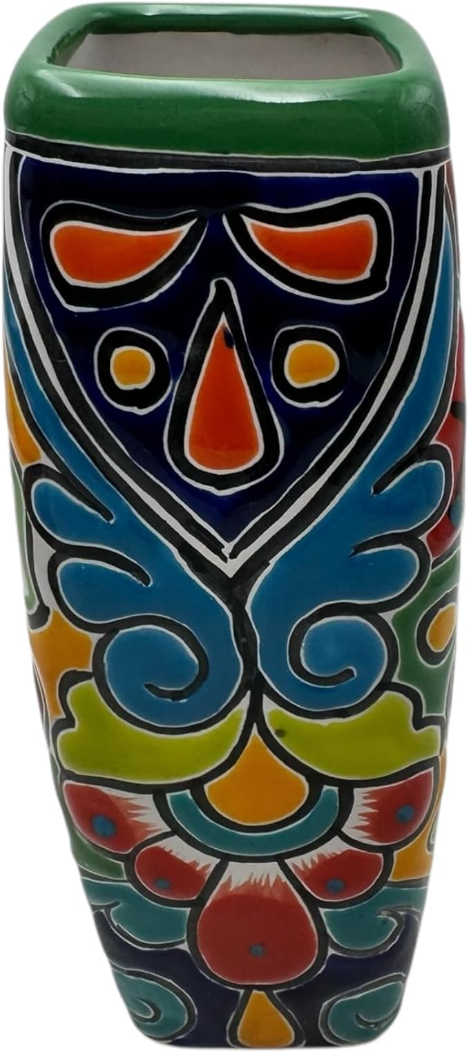 Talavera Planter Pot Square Vase Folk Art Mexican Pottery Handmade Hand Painted Home Decor Indoor Multicolor Outdoor 9.25" (Multi 12)