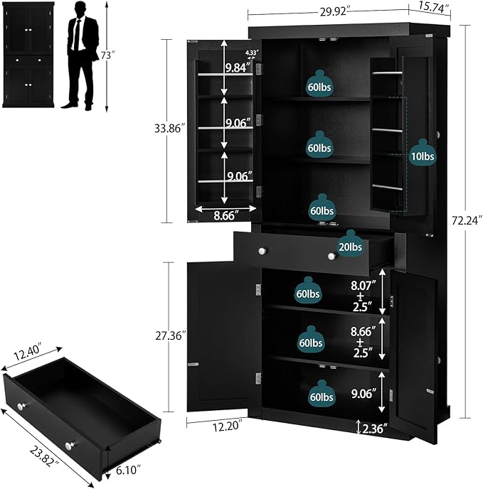 usikey 72” Kitchen Pantry Cabinet, Tall Storage Cabinet with 4 Doors and 1 Drawer, Freestanding Cupboard with 6 Hanging Shelves and Adjustable Shelves for Kitchen, Dining Room,Living Room, Black