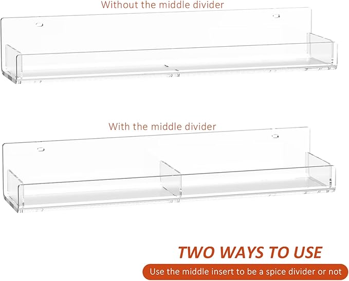 15 Inch Acrylic Spice Rack Wall Organizer Set of 3, Clear Acrylic Wall Shelf for Home Organizer, Floating Shelf for Bottle Display, Jars, Spice, Wine, Books, Toiletries