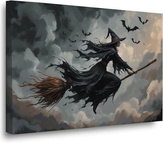 Witch and bat flying Halloween poster suitable for home party wall decoration retro Halloween preppy style wall art canvas print suitable for room decoration8x12in Wood Framed