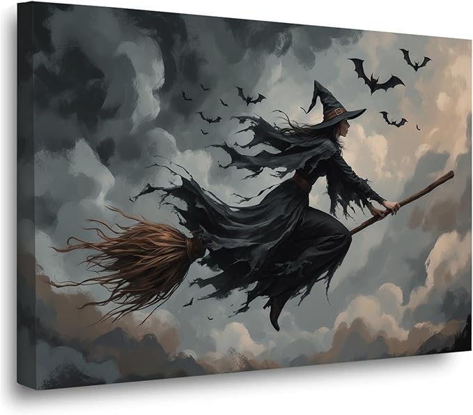 Witch and bat flying Halloween poster suitable for home party wall decoration retro Halloween preppy style wall art canvas print suitable for room decoration24x36in Wood Framed