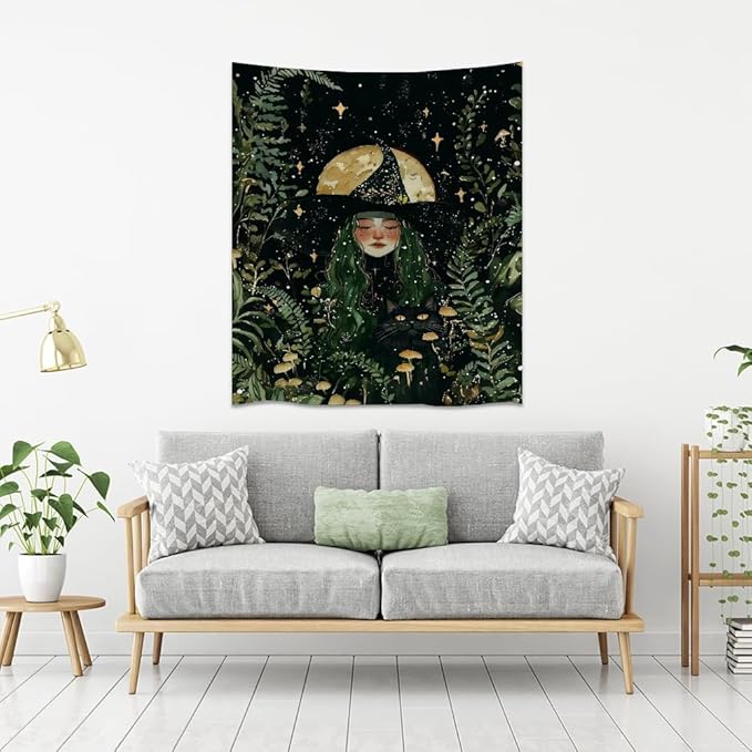 Moon Witch Tapestry Wall Hanging Mystical Botanical Green Print Dark Forest Witchy Decor Gothic Magical Black Cat and Moon Tapestries for Bedroom Living Room Dorm Decoration Aesthetic 70x90inch