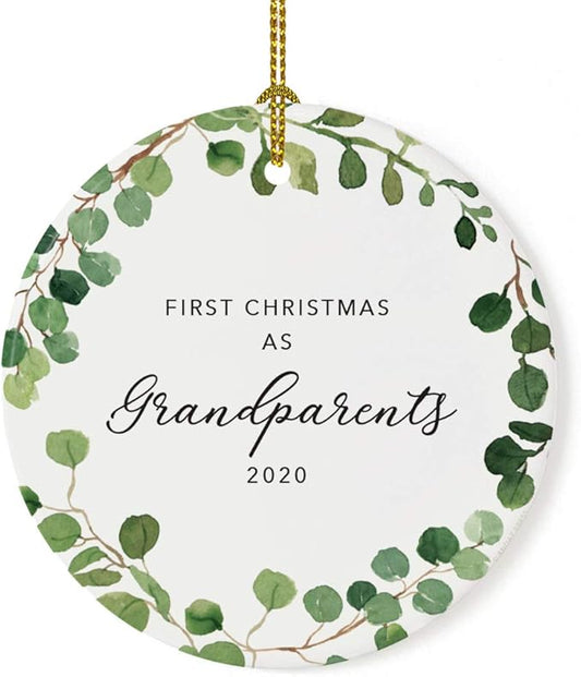 Andaz Press Custom Year Round Ceramic Porcelain Christmas Tree Ornament Keepsake Collectible Gift, First Christmas as Grandparents 2025, Farmhouse Eucalyptus Wreath, 1-PackNew