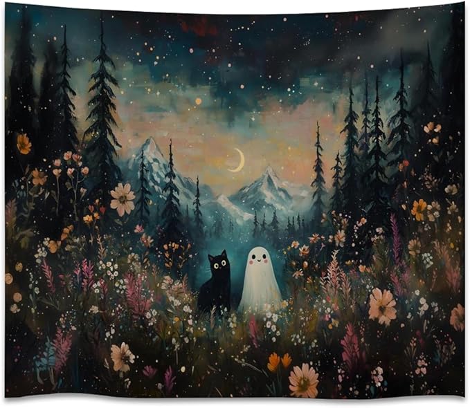 Whimsical Halloween Tapestry Wall Hanging Ghost and Black Cat in Magical Forest Wildflowers Meadow Tapestry Art Print Charming Spooky Fall Season Tapestries for Living Room Bedroom Decor 30x40inch
