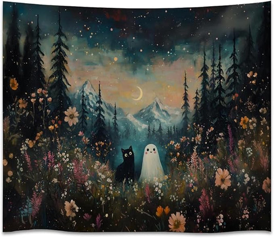 Whimsical Halloween Tapestry Wall Hanging Ghost and Black Cat in Magical Forest Wildflowers Meadow Tapestry Art Print Charming Spooky Fall Season Tapestries for Living Room Bedroom Decor 50x60inch
