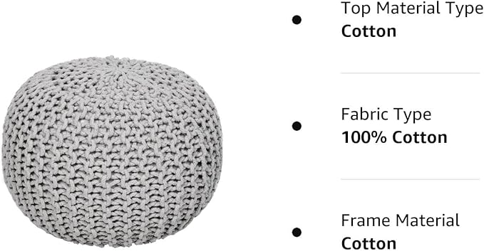REDEARTH Round Boho Pouf Ottoman - Cable Knitted Cord Boho Pouffe - Stuffed Poof Accent Beanbag Footrest for Living Room - Nursery - Bedroom - Covered Patio - Study Nook (19.5"x19.5"x14") - Gray