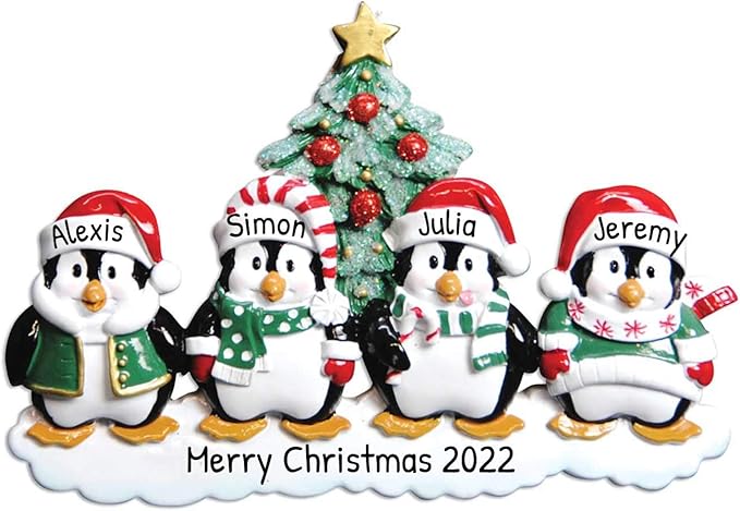 3D Penguins Family of 4 Christmas Ornament 2025 Personalized Family Christmas Ornaments 2025 | Winter Snow Penguins Personalized Tree Ornaments Customizable Gifts of Santa Hat Penguin of Four Ornament