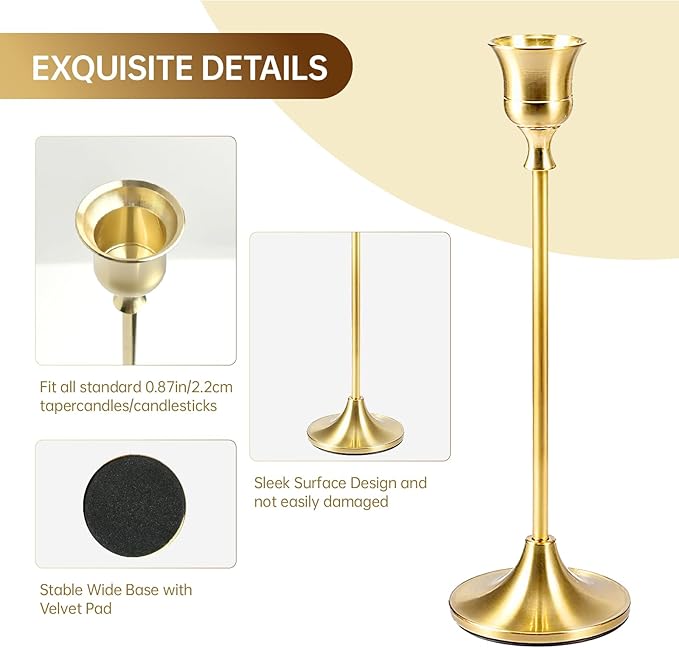 2 Sets(6 Pcs) Candle Stick Holders， Brass Gold Metal Taper Candle Holders, Vintage Modern Decorative Centerpiece Candlestick Holders for Table Mantel Wedding Housewarming Gift