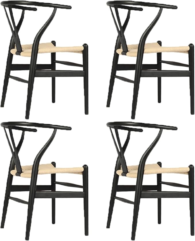 Tomile Solid Wood Wishbone Chair Y Chair Mid-Century Armrest Dining Chair, Hemp Seat (Ash Black + Natural Rope, Pack of 4)