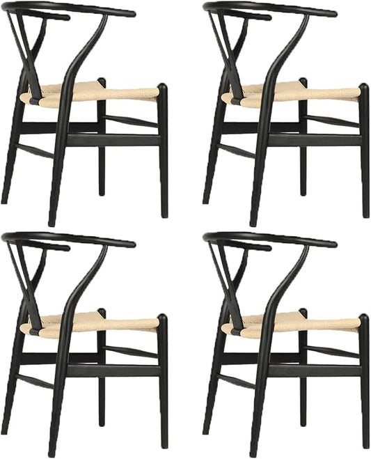 Tomile Solid Wood Wishbone Chair Y Chair Mid-Century Armrest Dining Chair, Hemp Seat (Ash Black + Natural Rope, Pack of 4)