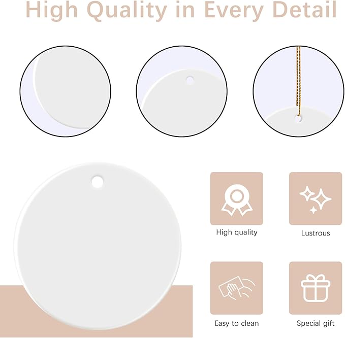 50 PCS Sublimation Ceramic Ornament Blank 3 inch Round Crafting DIY Personalized Christmas Home Decor Bulk Two-Sided Printed White Ceramic Decoration