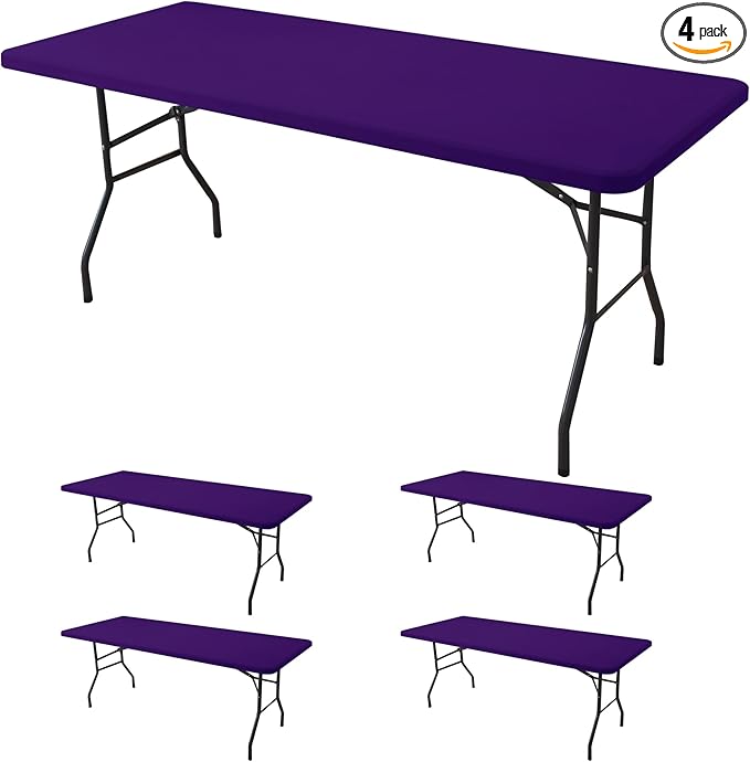 Fitted Tablecloth for 8 foot Rectangle Table-4 Pack Dark Purple Elastic Outdoor Picnic Table Cover-Spandex Stretch Folding Tablecloths 8ft for Camping Dining Room Patio Kitchen Banquet Party