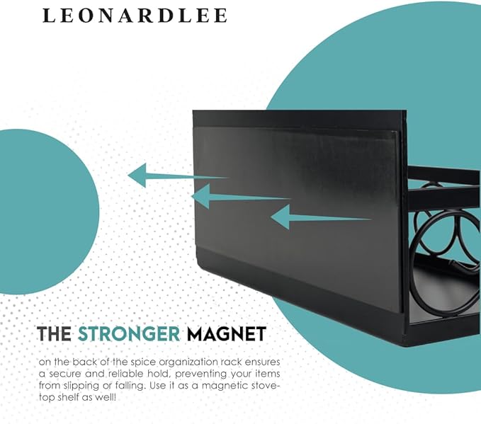 LEONARDLEE Magnetic spice Rack, Stronger Magnet with Wall Mount Option. 4 Removable Hooks, Perfect Space Saver for Kitchen- for Holding Spices, Jars, Bottle, cans (Pack of 2)