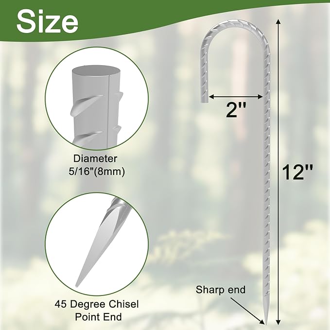 Rebar Stakes 12 Inch, 55 Pack Galvanized Metal Tent Stakes Heavy Duty Ground Stakes, J Hook Steel Fence Stakes for Ground, Outdoor Decoration, Wire Fencing, Gardening