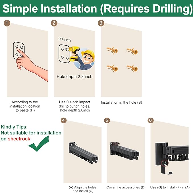 Wall Mount Clothes Drying Rack, Wall Mounted Drying Rack, Upgraded 3-Fold & Sturdy Laundry Drying Rack with 12 Dual-Side Hooks Space Saver for Laundry Room, Apartment, Dorms - Black