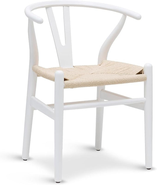 POLY & BARK Weave Dining Chair – Mid-Century Modern Wishbone Dining Chair with Arms, Solid Wood Frame, Indoor Use – White – Single - Ideal for Dining Room, Kitchen or Stylish Accent Setting