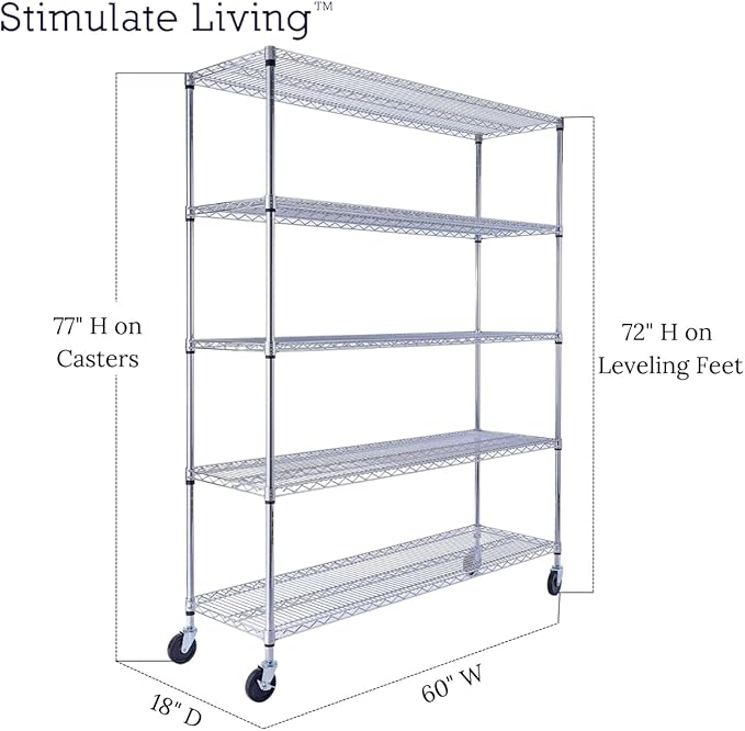 60"x18"x72" PRIME HEAVY DUTY Chrome 5-Tier Wire Shelving 4000 LBS MAX Capacity Storage Rack for Commercial, School, Home, Garage, Warehouse, Industrial, and Hospital Uses (with Wheels)