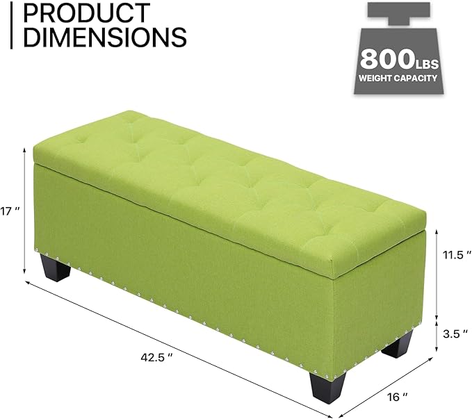 MoNiBloom 42 Inch Long Bench with Storage, Modern 40L Inner Space Green Linen Foot Stool for Bedroom, Upholstered Padded Rectangular Fabric Tufted Bench Footrest with Wood Legs with 660 Lbs Capacity