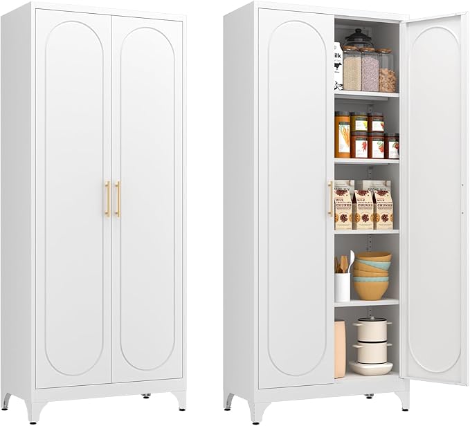 Metal Storage Cabinet with Doors and Shelves, 75 Inch Tall Kitchen Pantry Cabinet, Pantry Cabinets for Kitchen Storage, Freestanding Cupboard for Living, Dining Room, White, Assembly Required
