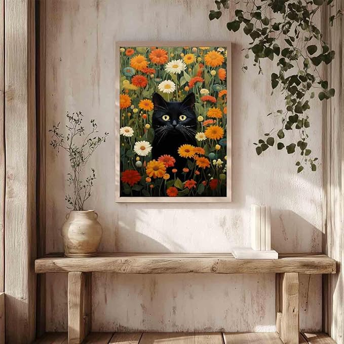 Vlolvfe Black Cat Wall Art Colorful Flower Pictures Funny Cat Painting Green Plant Pictures Colorful Wildflowers Wall Art Cute Animals Floral Picture Aesthetic Living Room Decor 16x24inch No Frame