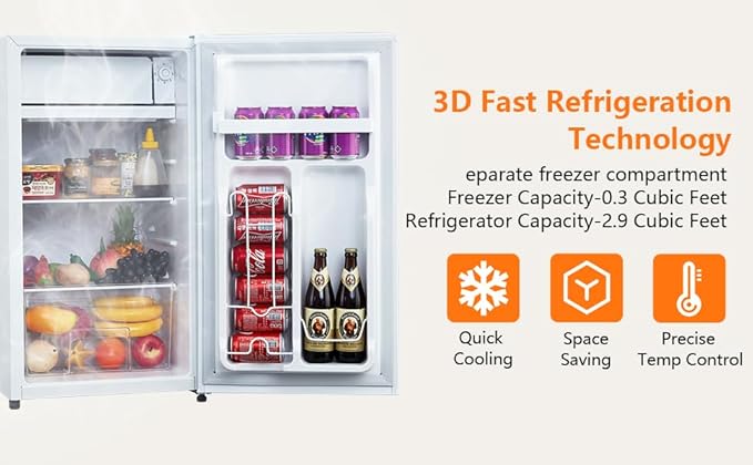 3.2 Cu.Ft Mini Fridge with Freezer, Small Refrigerator with Single Door and Adjustable Thermostat, Shelf, Energy Efficient, Compact Fridge for Bedroom, Office，white