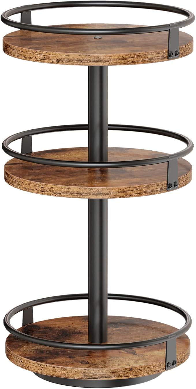 HOOBRO 3-Tier Lazy Susan Organizer, Rotating Spice Rack, Turntable Spice Rack, Vertical Storage Organizer, for Kitchen Countertop, Vanity, Dining Table, Rustic Brown and Black BF09TL01