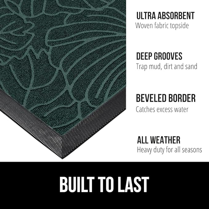 GORILLA GRIP 100% Waterproof All-Season WeatherMax Doormat, 72x24, US Designed Natural Rubber, Stain and Fade Resistant, Low Profile Indoor Outdoor Door Mats, Easy Clean Patio Mat, Green Palm