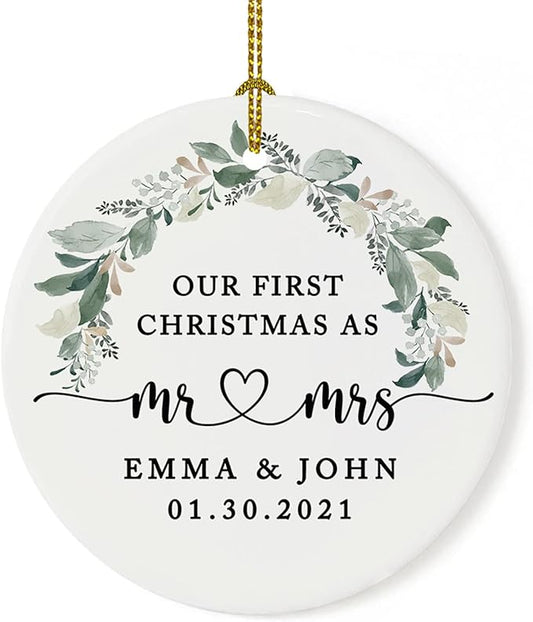 Andaz Press Personalized Our First Christmas As Mr. & Mrs. 2025 Christmas Ornaments Foliage Wreath 2.8" Round Porcelain Ceramic 1st Year Married Custom Ornament Keepsake for Newlyweds 1-Pack