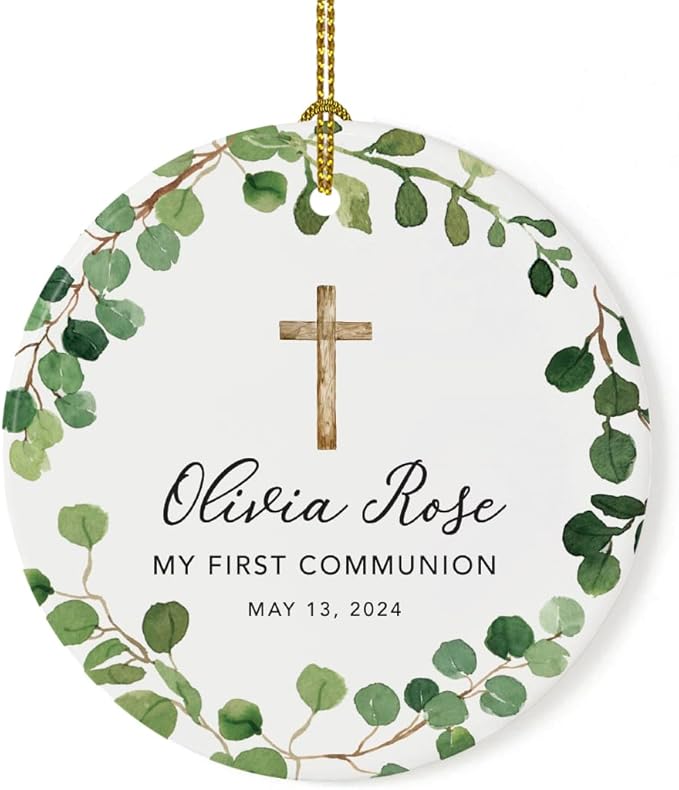 Andaz Press Personalized First Communion Ornament for Girls Boys, Round Ceramic Porcelain First Communion Christmas Ornament, Custom Name Date, My First Communion 2025, Farmhouse Eucalyptus Wreath