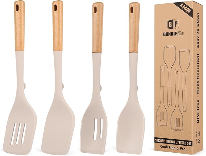 Pack of 4 Silicone Kitchen Utensils Set, Non Stick Solid Spatulas and Heat Resistant Slotted Spoons with Wooden Handle, Ideal BPA Free Cooking Utensils for Mixing,Serving,Turning,Stirring(KHAKI)