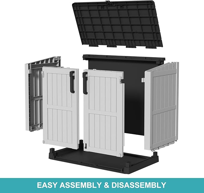 Vixzen 233 Gallon Larger Outdoor Deck Box,Lockable Resin Waterproof Storage Box,UV Resistant,Weather Resistance,Outside Storage Bin for Gardening Tools,Pool Supplies, Black and White