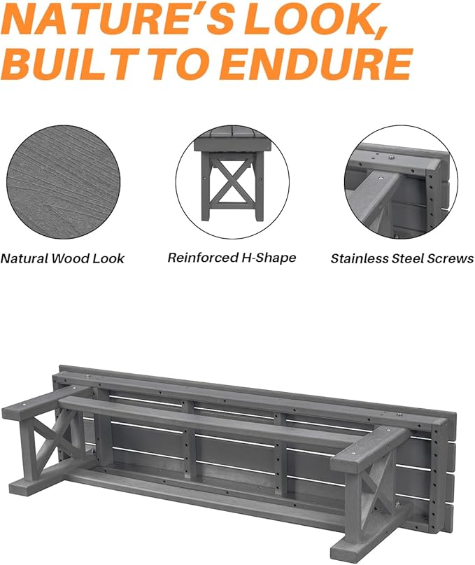 HDPE Outdoor Bench, 55" Patio Bench Outdoor Furniture, Poly Lumber Adirondack Benches, Fade-Resistant HDPE Garden Backless Benches for Park, Poolside, Porch, Smoke Gray