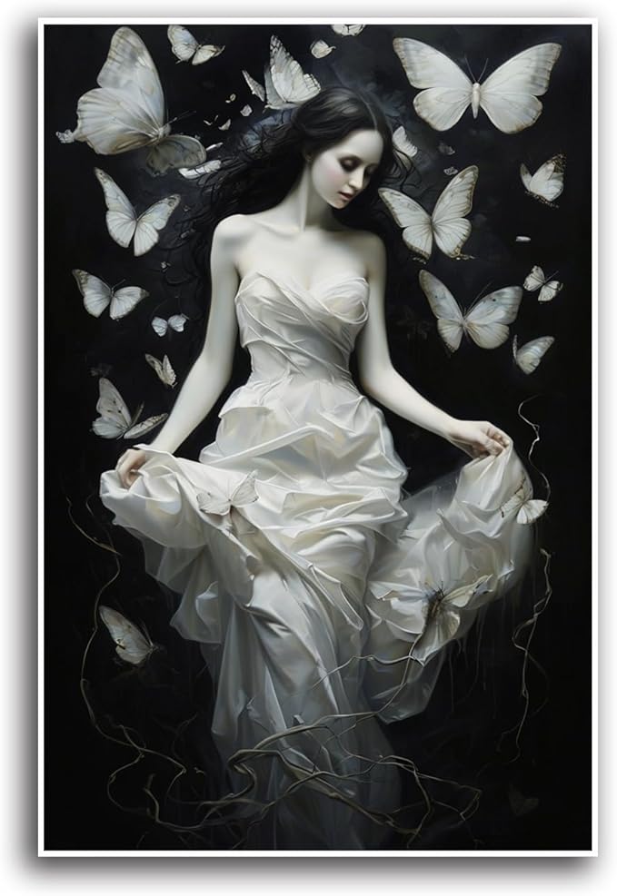 JFHCQJPK Vintage Gothic Feminine Canvas Wall Art Print Butterfly Poster Moody Preppy Wall Art Dark College Decor for Home Bedroom20x30in Frameless
