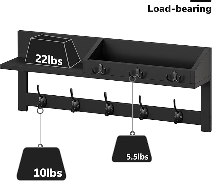 AMBIRD Wall Hooks with Shelf 26.57inch Entryway Wall Hanging Shelf Wood Coat Hooks for Wall Coat Rack Wall Mount Rack with 5 Dual Hooks 3 Key Hooks Mail Organizer and Key Rack Key Holder (Black)