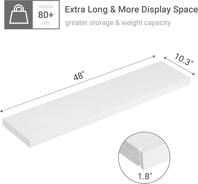 Single Floating Shelves 48 Inches, 48 x 10 inch Deep x 1.8 in Thick, Long Wall Shelves Heavy Duty 80 lbs for Bedroom, Living Room, Kitchen, Office, Modern Shelf Book Home Decor, White