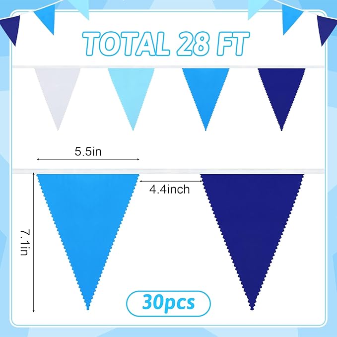 MARFOREVER 30 Pcs Royal Blue White Pennant Banner Flags, Blue Party Decorations Fabric Triangle Flag Bunting Garland for Outdoor Garden Birthday Wedding Bridal Baby Shower Nautical Party Supplies
